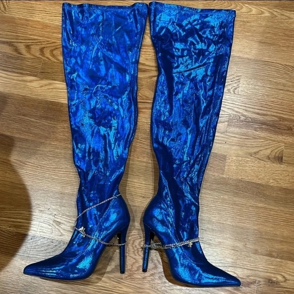 Lady go diva dolls kill thigh high stiletto boots metallic blue silver charm 8.5 - Picture 1 of 10